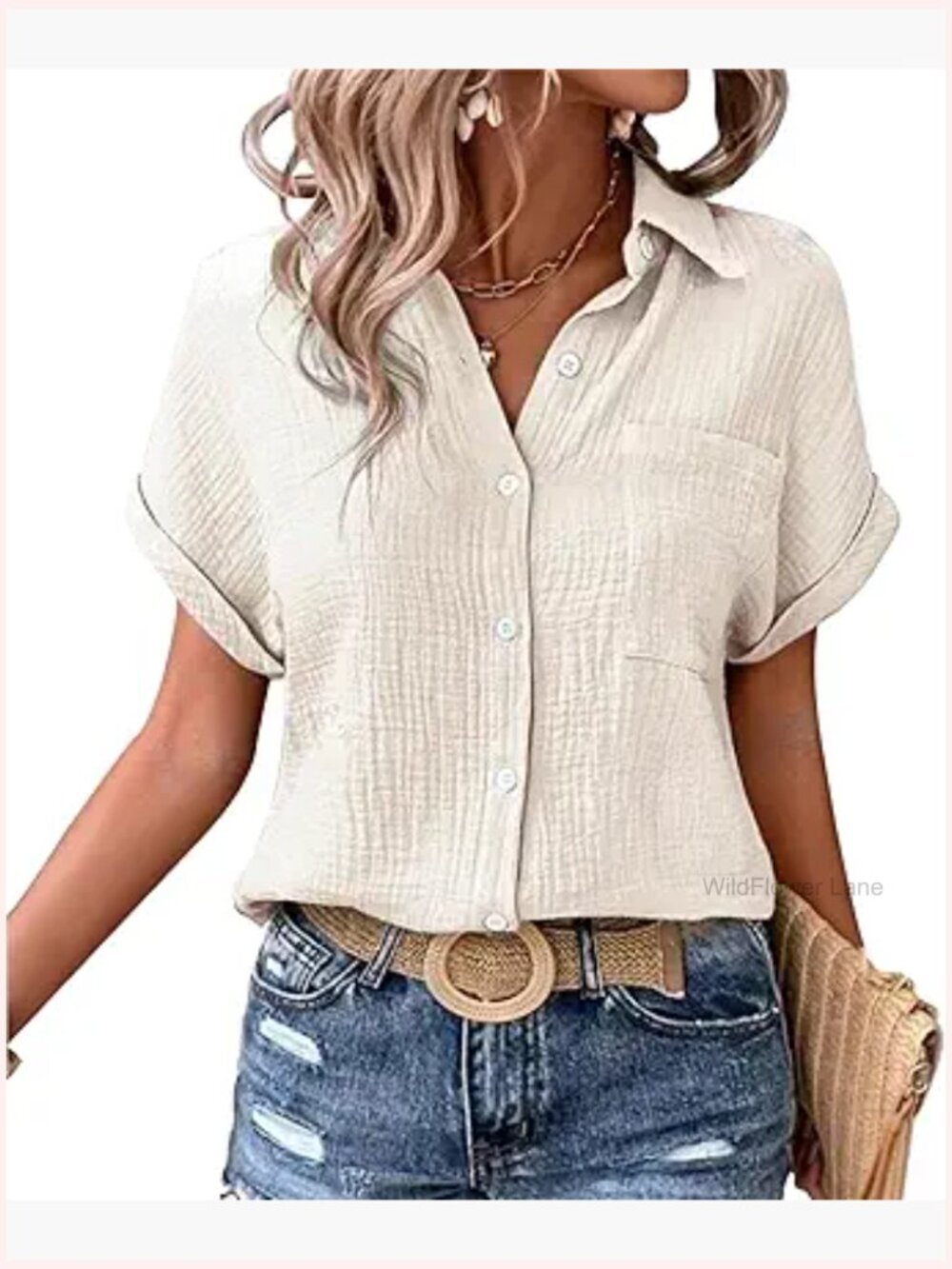 Cotton Button Down Short Sleeve Blouse Women Casual Summer Top